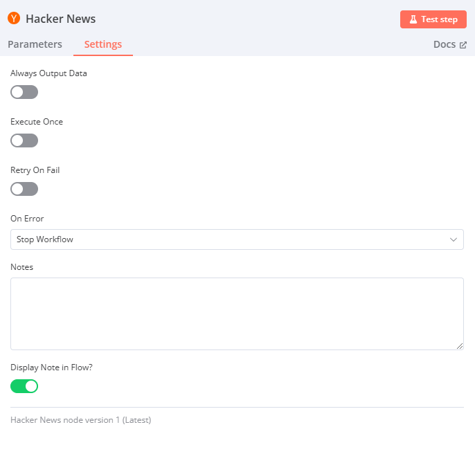 Hacker News node settings